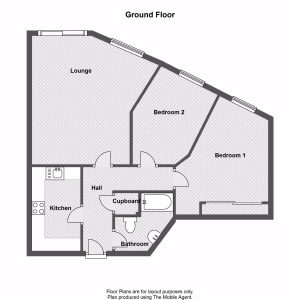 Ground floor layout with two bedrooms and lounge.