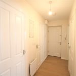 Bright hallway with multiple white doors.