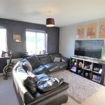 Modern living room with leather sofa and TV.