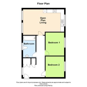 Two-bedroom floor plan with bathroom and open living.