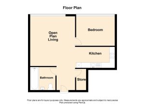 One-bedroom flat floor plan with open living area.