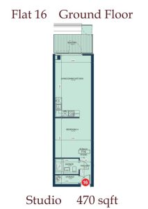 Flat 16 studio layout, 470 sqft, ground floor.