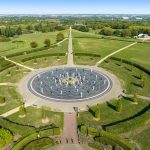 Aerial view of park with circular monument.