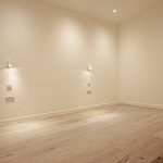 Minimalist empty room with wooden flooring and lights.