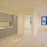 Modern kitchen with grey cabinets and hardwood flooring.