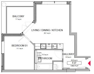 One-bedroom flat floor plan with balcony.