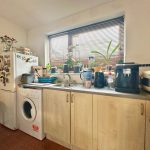 Cosy kitchen with appliances and potted plants on countertop.