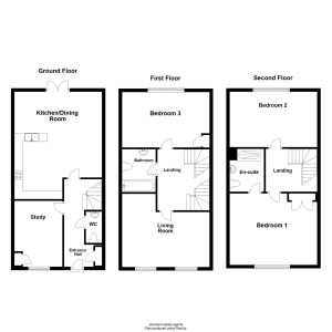 Three-floor house plan layout with rooms labelled.