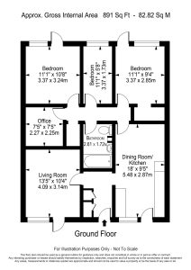 Three-bedroom ground floor flat layout plan