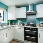 Modern kitchen with teal walls and white cabinets.