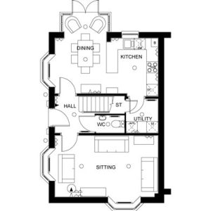 Ground floor plan with dining, kitchen, sitting rooms.