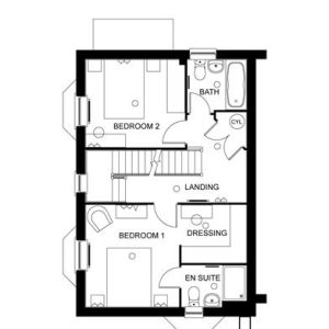 Two-bedroom house floor plan with bathrooms