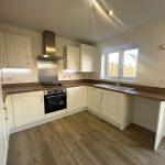 Modern kitchen with white cabinets and wood flooring.