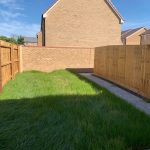 Sunny fenced backyard with green grass and path.