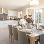 Modern kitchen dining area with large windows.