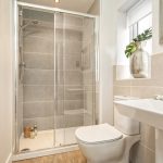 Modern bathroom with shower and sink. Elegant design.