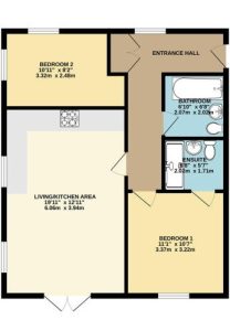 Two-bedroom flat floor plan with entrance and bathrooms.