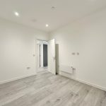 Minimalist empty room with wooden flooring and door.