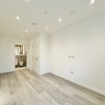 Modern empty room with en-suite bathroom and wooden floor.