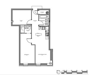 One-bedroom apartment floor plan layout.