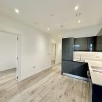 Modern kitchen with sleek black cabinets and wood flooring.