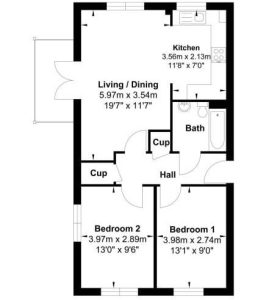 Two-bedroom flat floor plan with kitchen and bathroom.