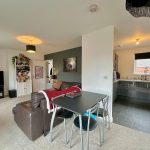 Modern open-plan living area with kitchen and sofa.