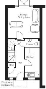 Ground floor layout: living, dining, kitchen, cloakroom.