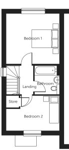 Two-bedroom floor plan with landing and bathroom.