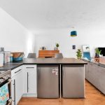 Modern open-plan kitchen and living area with plants.