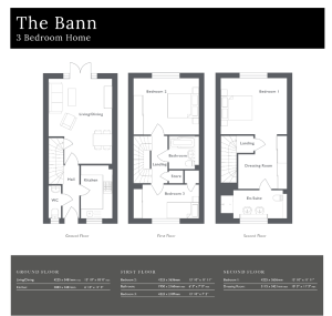 Three-bedroom home floor plan diagram