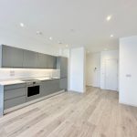 Modern kitchen with grey cabinets and wooden flooring.