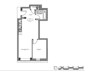 One-bedroom flat floor plan with bathroom and kitchen.