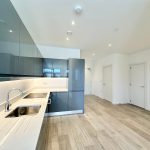 Modern kitchen with grey cabinets and wood flooring.