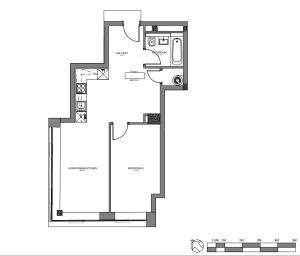 One-bedroom flat floor plan with bathroom.